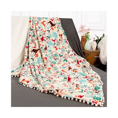 Christmas Plush Blanket With Pom Poms
